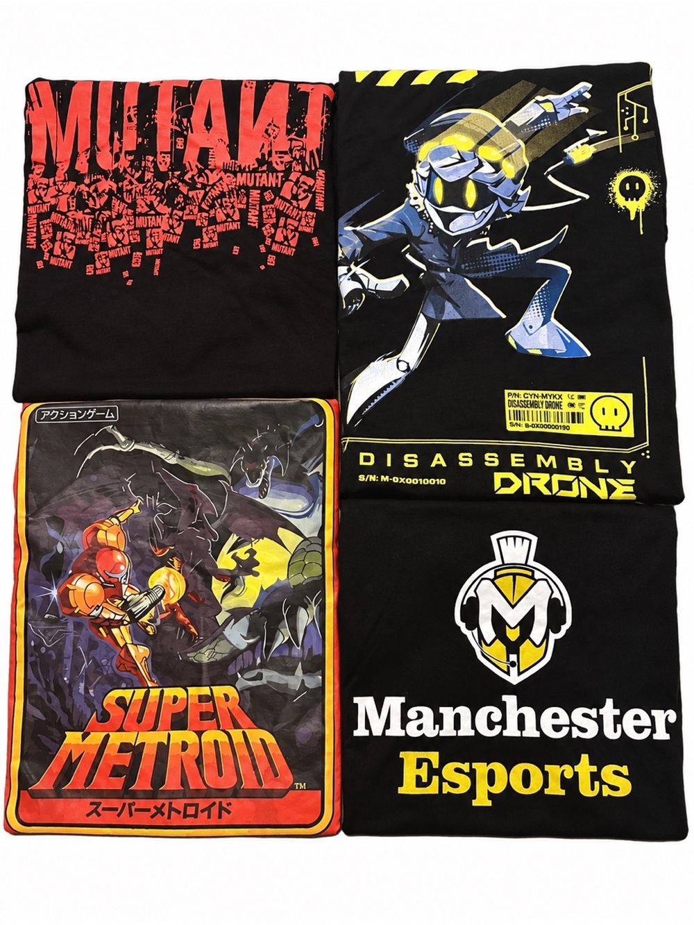 4 Graphic T Shirt Lot Murder Drones Super Metroid Mutant Manchester Esports L XL